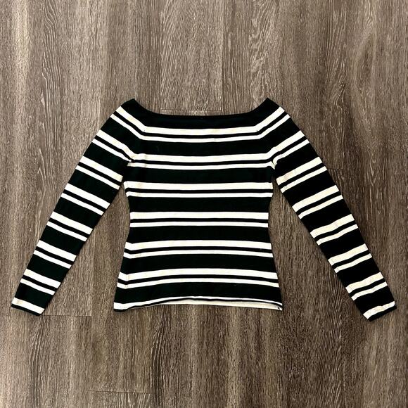 H&M Green Cream Black Striped Off-Shoulder Knit Top Long Sleeve Stretch Pullover - Picture 9 of 9